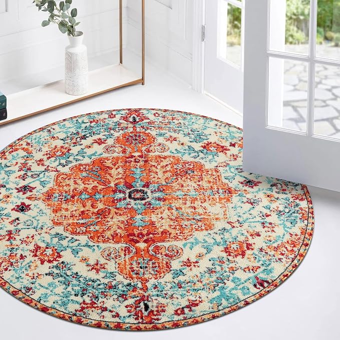 Lahome Bohemian Floral Medallion Round Rug - 3Ft Oriental Distressed Small by Lahome