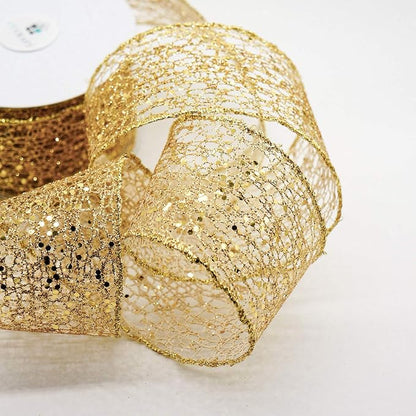 CT CRAFT LLC Sparkling Glitter Mesh Wired Ribbon 2.5" x 10 Yards Gold - Image 4