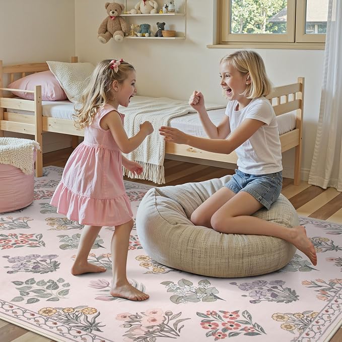 Wonnitar Pink Rugs for Bedroom Girls Nursery, Washable 5x7 Floral Rug, Boho - Image 2