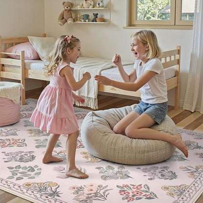 Wonnitar Pink Rugs for Bedroom Girls Nursery, Washable 5x7 Floral Rug, Boho - Image 2