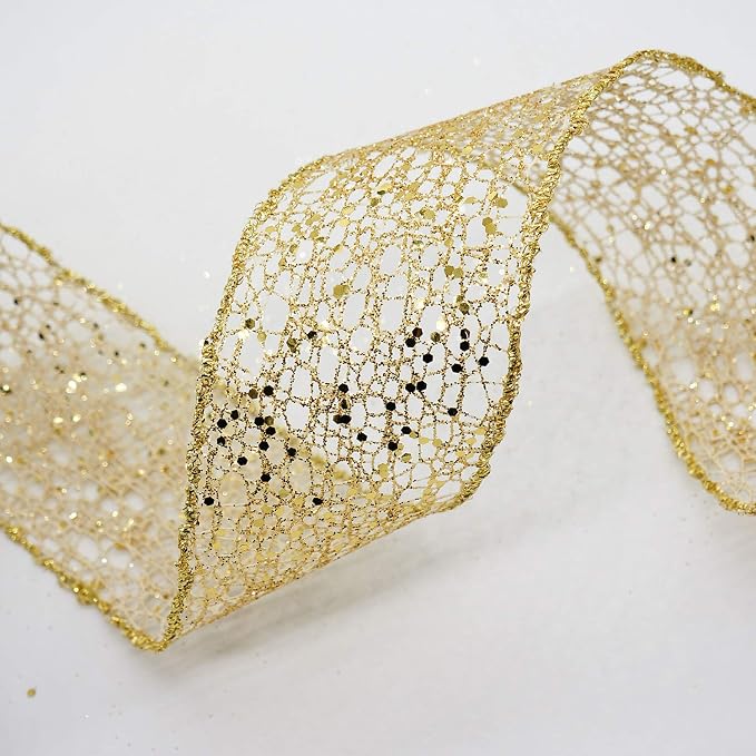CT CRAFT LLC Sparkling Glitter Mesh Wired Ribbon 2.5" x 10 Yards Gold - Image 5