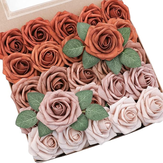 Floroom Artificial Flowers 25pcs Real Looking Burnt Orange Ombre Colors Foam by Floroom