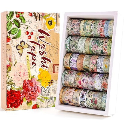42 Rolls Vintage Washi Tape Set, Delicate Butterfly & Lush Floral Botanical by emmoolife