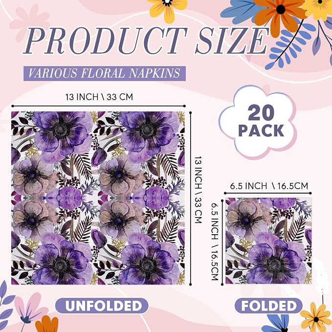 Crtiin 20 Pack Assorted Floral Napkins - Image 2