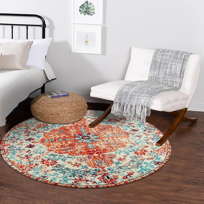 Lahome Bohemian Floral Medallion Round Rug - 3Ft Oriental Distressed Small - Image 4