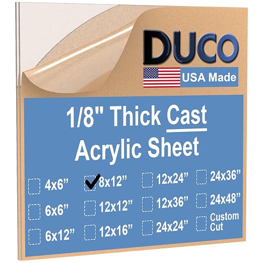 Duco USA-Made Clear Cast Acrylic Sheet 1/8 Inch Thick 8" x 12" by DucoPlasticsSupply