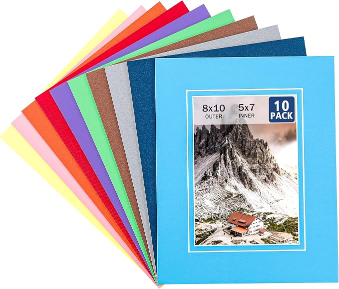 HOTUO 10 Pack Acid Free Colorful Picture Frame Mats, Pre-Cut 8x10 Picture Mats by HOTUO