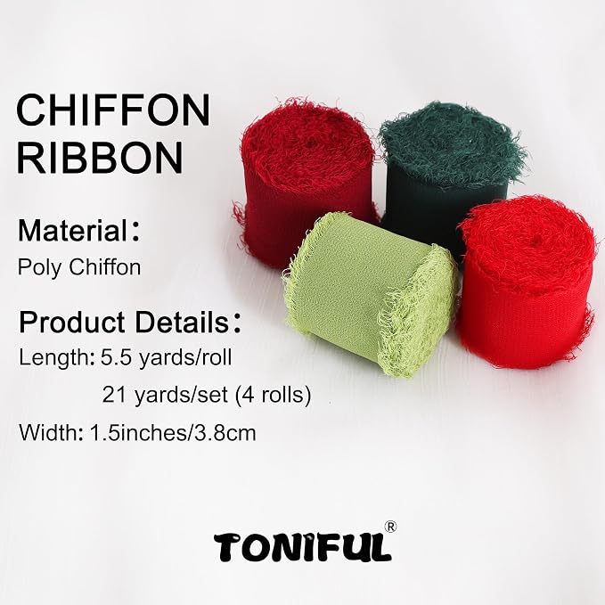 TONIFUL 4 Rolls Silk Chiffon Ribbon 1-1/2 Inch x 22 Yards - Image 2