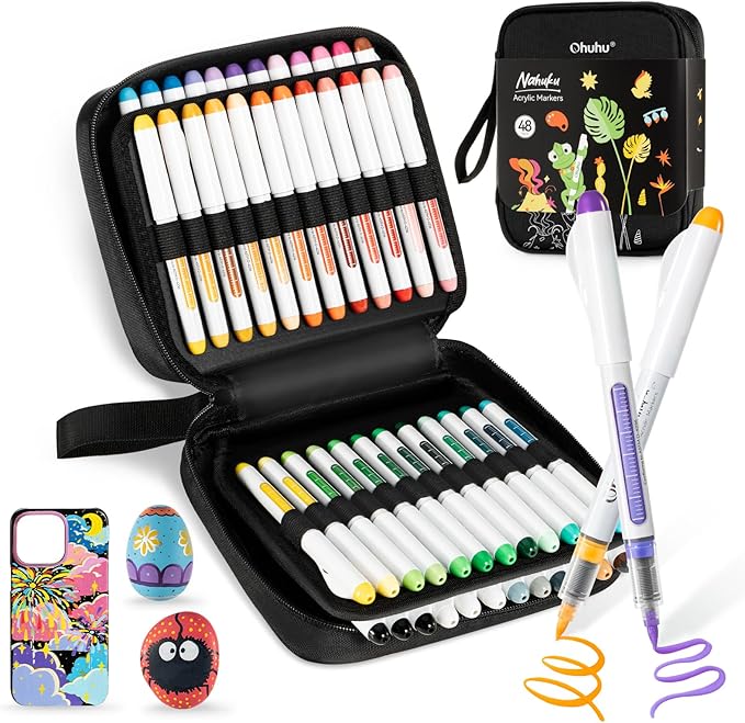 Ohuhu Acrylic Paint Markers Direct Liquid: 48 Pack Flexible Brush Tip Acrylic by Ohuhu