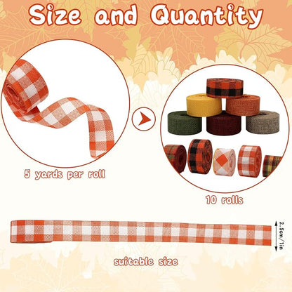 10 Rolls 50 Yard Fall Plaid Burlap Ribbon Rolls 1 Inch Autumn Gift Wrapping - Image 2
