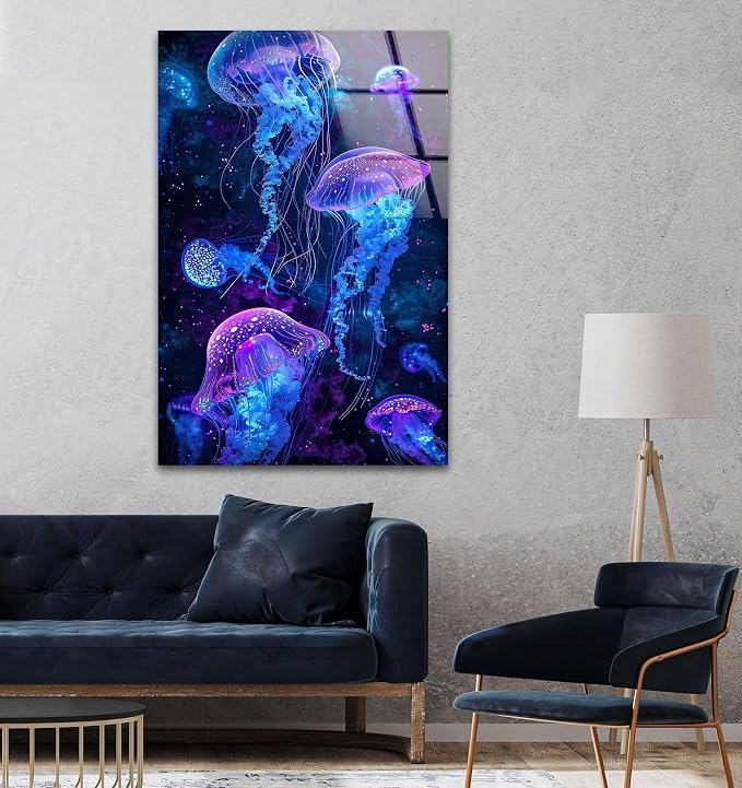 My Photostation.com 27Wx43H'' Glowing Jellyfish Glass Wall Art Tempered Glass - Image 3
