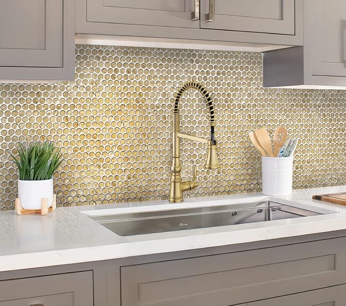 1.03 sq ft/Piece Pack of 1, Glossy Gold Glass Penny Round Mosaic Tiles – 12.2" - Image 6