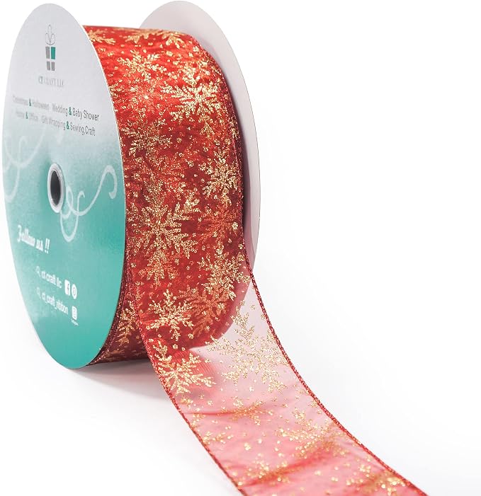 CT CRAFT LLC Organza with Red Glitter Snowflakes Wired Ribbon 2.5 inch x 50 by CTCRAFTLLC