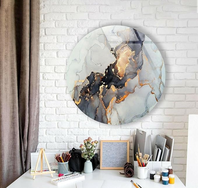 My Photostation.com 31.5'' Diameter Gold Details Gray Marble Round Glass Wall - Image 3