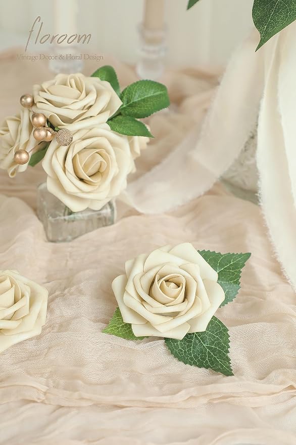Floroom Artificial Flowers 25pcs Real Looking Beige Foam Fake Roses - Image 4