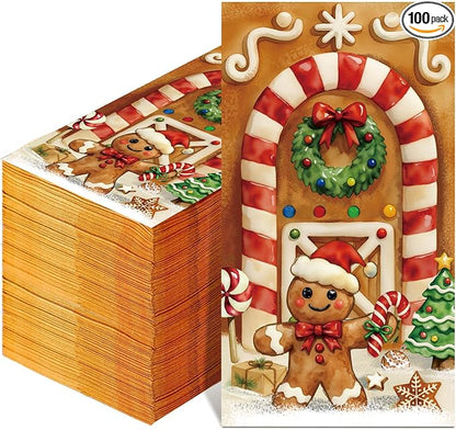 100 Pcs Christmas Guest Napkins 2 Ply Gingerbread Man Disposable Paper Napkins by Janlaugh