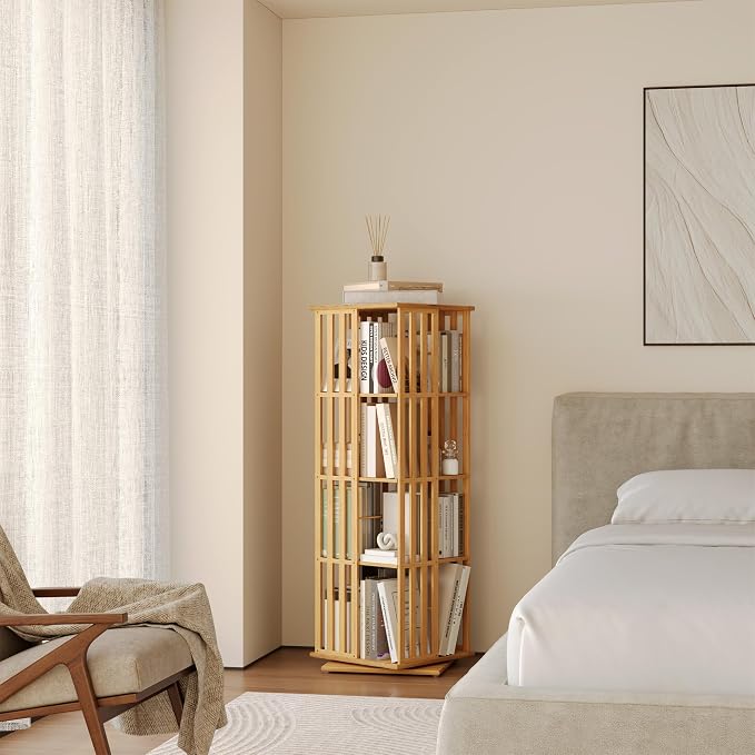 YOWOS Rotating Bookshelf Tower, 360 Display Spinning Bookcase, Bamboo Bookshelf - Image 3