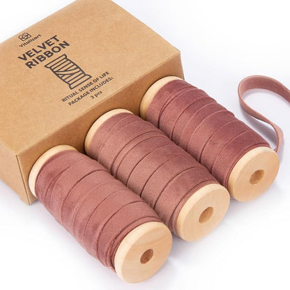 Vitalizart Rose Gold Velvet Ribbon Set 3/8"" x 15 Yd Wooden Spool Fabric Trim 3 by Vitalizart