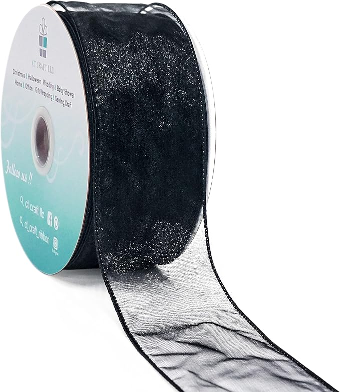 CT CRAFT LLC Sheer Organza Wired Ribbon 2.5" x 50Yards Black by CTCRAFTLLC