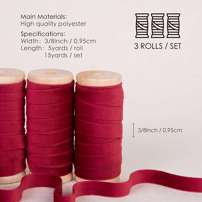 Vitalizart Red Velvet Ribbon Set 3/8" x 15 Yd Burgundy Wooden Spool Fabric Trim - Image 2