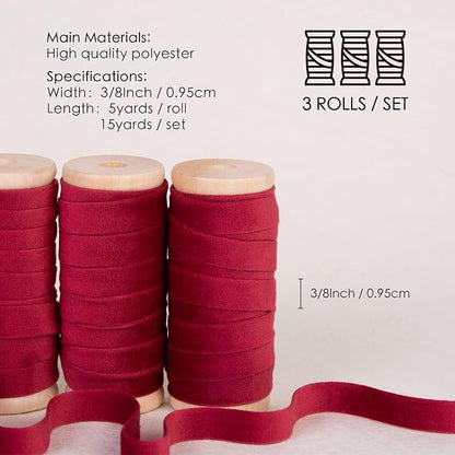 Vitalizart Red Velvet Ribbon Set 3/8" x 15 Yd Burgundy Wooden Spool Fabric Trim - Image 2