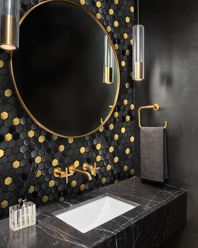 Blujellyfish Black and Gold Backsplash Wall Tiles Hexagon Mosaic Shower Floor - Image 5
