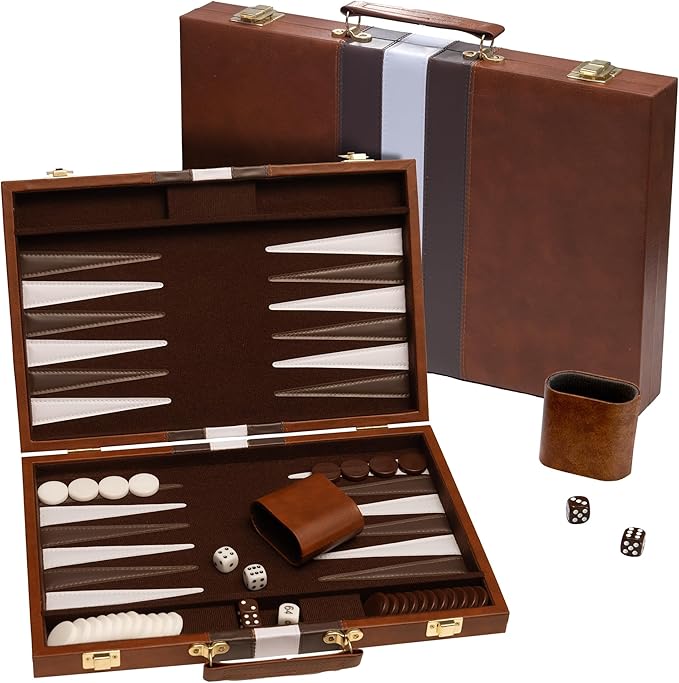 Backgammon Board Game, Deluxe Leather Like Case, Felt Interior, Classic by Happy+Hippo