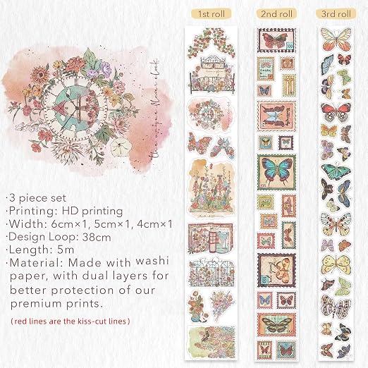 WT Stamped Wings Washi Tape Sticker Set – 3 Rolls Decorative Butterfly & Wing - Image 9