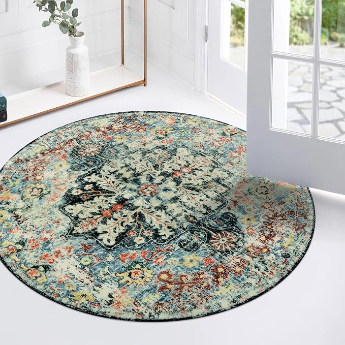 Lahome Bohemian Floral Medallion Round Rug - 3Ft Small Bedroom Round Area Rug - Image 3