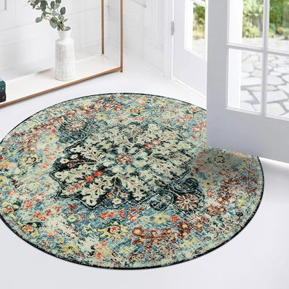 Lahome Bohemian Floral Medallion Round Rug - 3Ft Small Bedroom Round Area Rug - Image 3