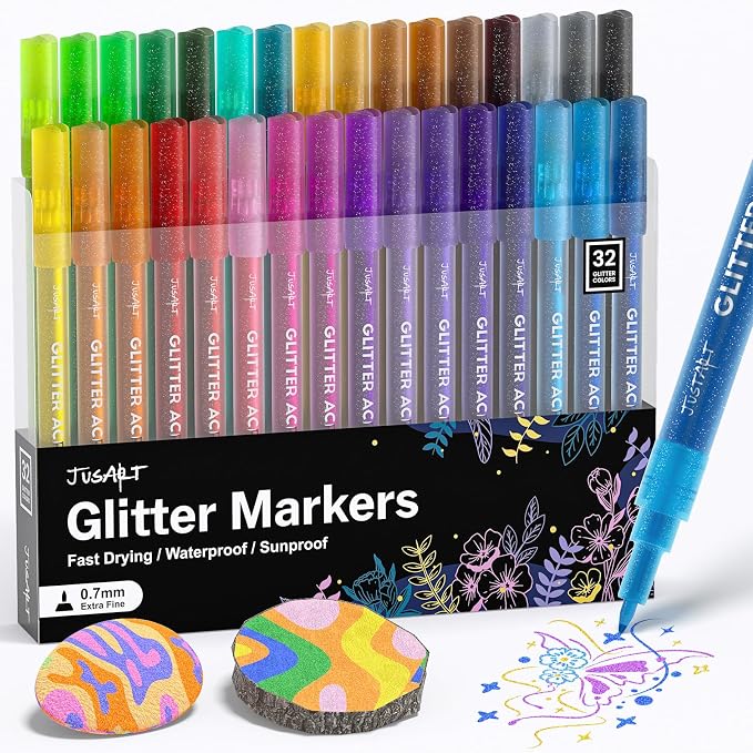 JusArt 32 Colors Glitter Markers, Glitter Paint Pens Sparkly and Shiny by JusArt