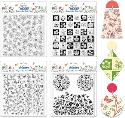 CHGCRAFT 4 Sheets 4 Styles Wildflowers Polymer Clay Texture Sheets Bushes by chgcraft