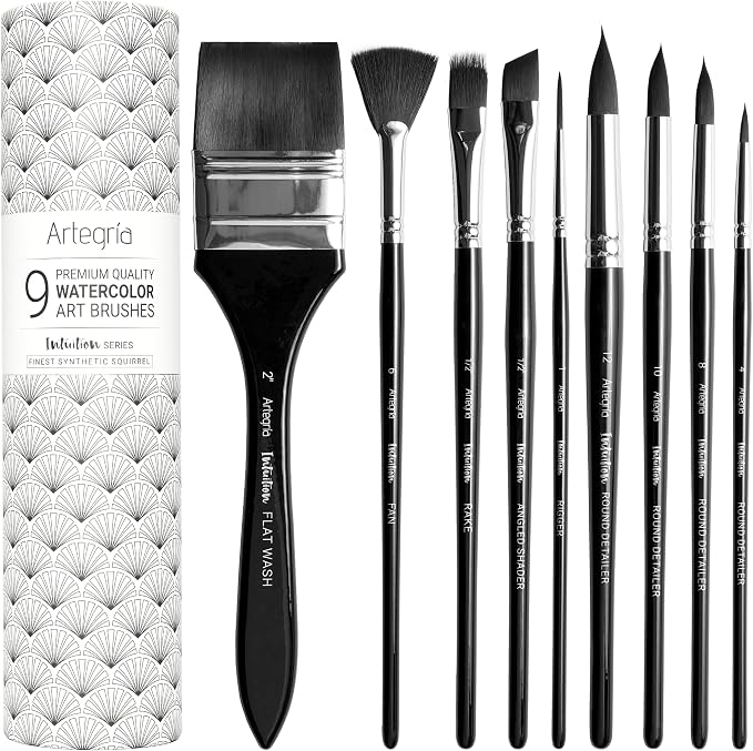ARTEGRIA Watercolor Brush Set, 9 Professional Soft Synthetic Squirrel Paint by Artegr%C3%ADa