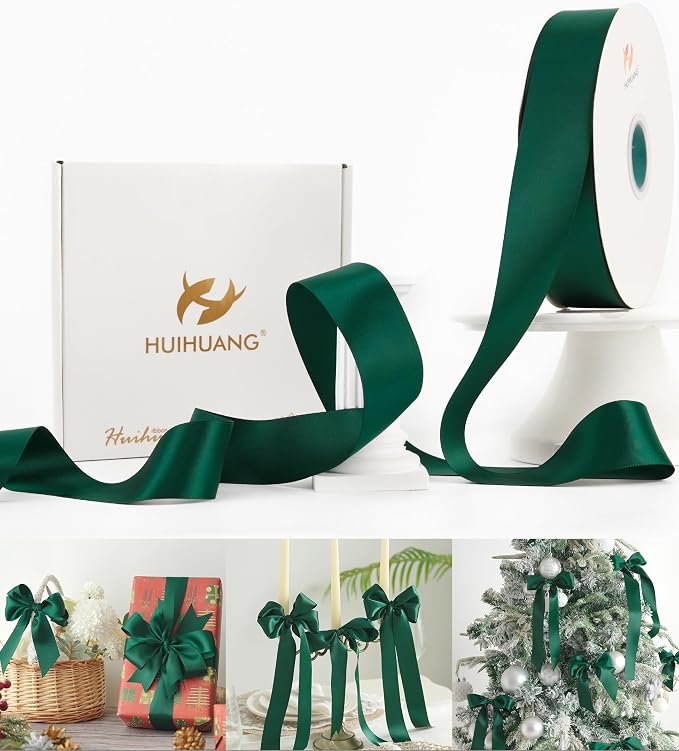 HUIHUANG Green Satin Ribbon 1-1/2 inch x 100 Yards Dark Green Double-Faced by HUIHUANG