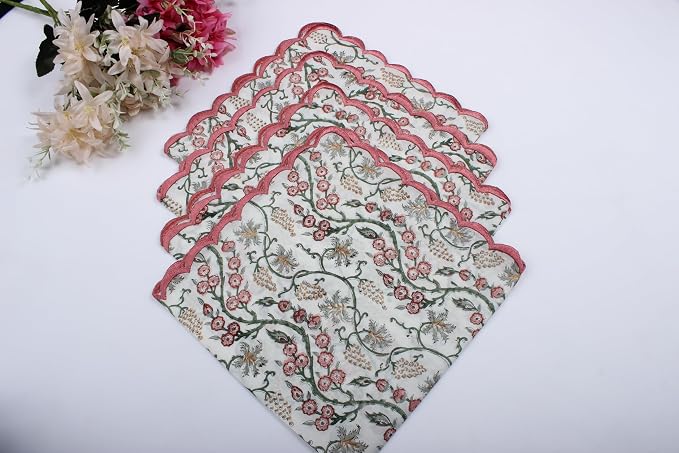 Ridhi Coral Pink Hand Block Print Napkins 18" x 18" Set of 4 Reusable Cotton - Image 3