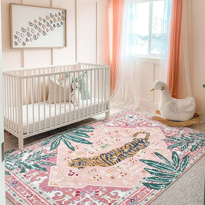 Washable Pink Rugs Boho Vintage Tropical Jungle 9x12 Area Rugs Tribal Oriental - Image 2