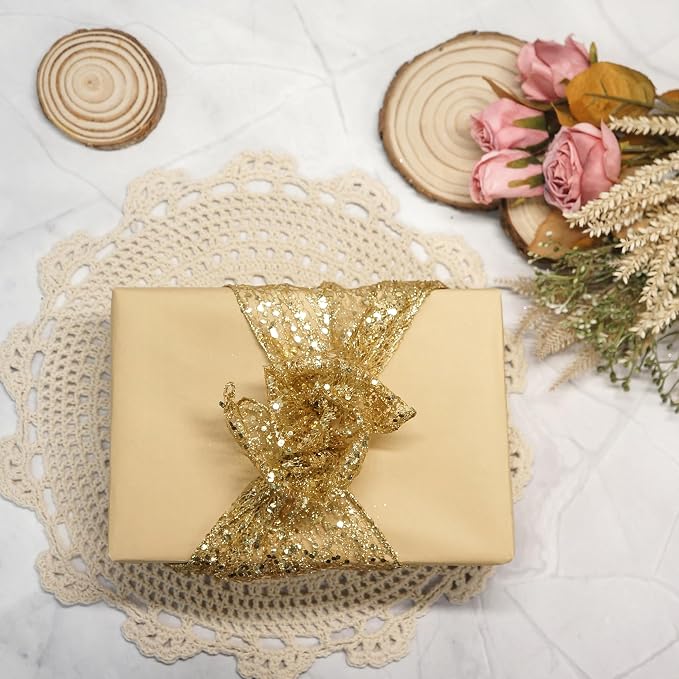 CT CRAFT LLC Sparkling Glitter Mesh Wired Ribbon 6" x 10 Yards Gold - Image 5