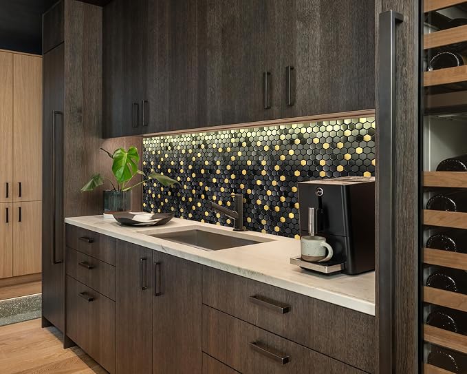 Blujellyfish Black and Gold Backsplash Wall Tiles Hexagon Mosaic Shower Floor - Image 3