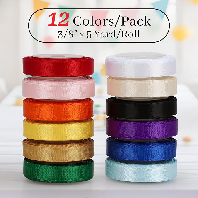 Double-Faced Rainbow Satin Ribbon Set – 12 Colors, 3/8 Inch x 5 Yards Rolls - Image 2