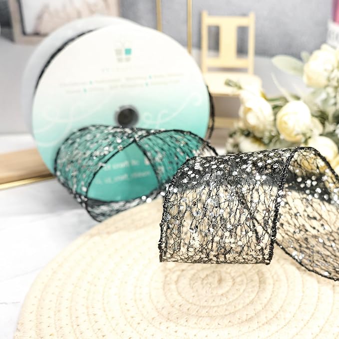 CT CRAFT LLC Sparkling Glitter Mesh Wired Ribbon 2.5" x 20 Yards Black - Image 4