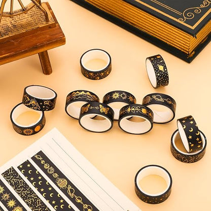 Whaline 12 Rolls Gold Foil Galaxy Washi Tape Black Gold Sun Moon Star Masking - Image 5