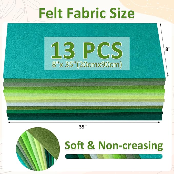 XSEINO 13 Rolls 8"x35" 1.4mm Thick Soft Felt Fabric Sheet 13 Assorted Green - Image 3