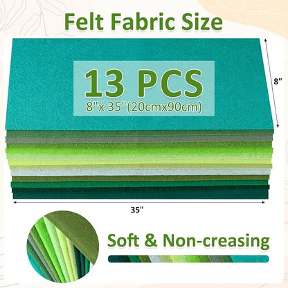 XSEINO 13 Rolls 8"x35" 1.4mm Thick Soft Felt Fabric Sheet 13 Assorted Green - Image 3