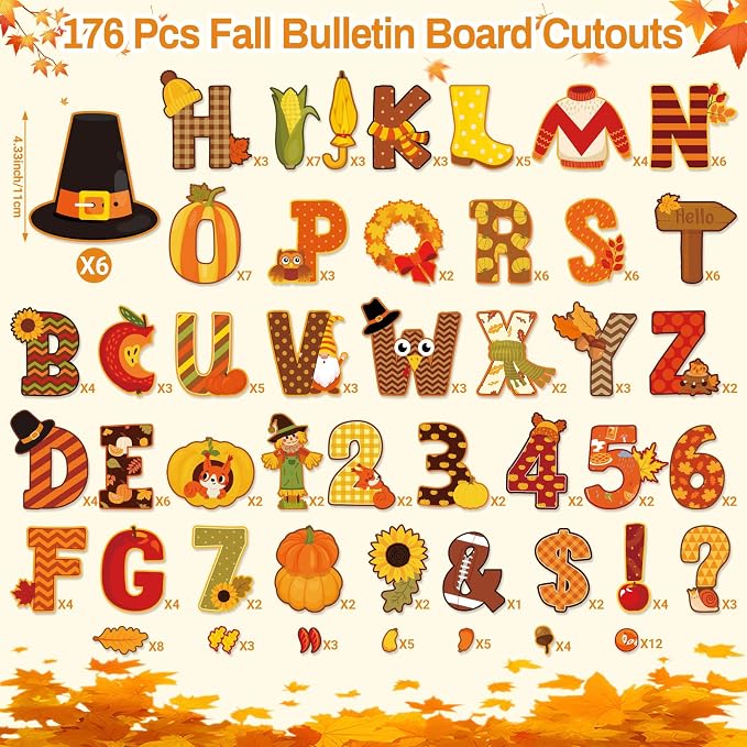 Faccito 176 Pcs Fall Bulletin Board Decorations Letters Numbers Alphabet Autumn - Image 2