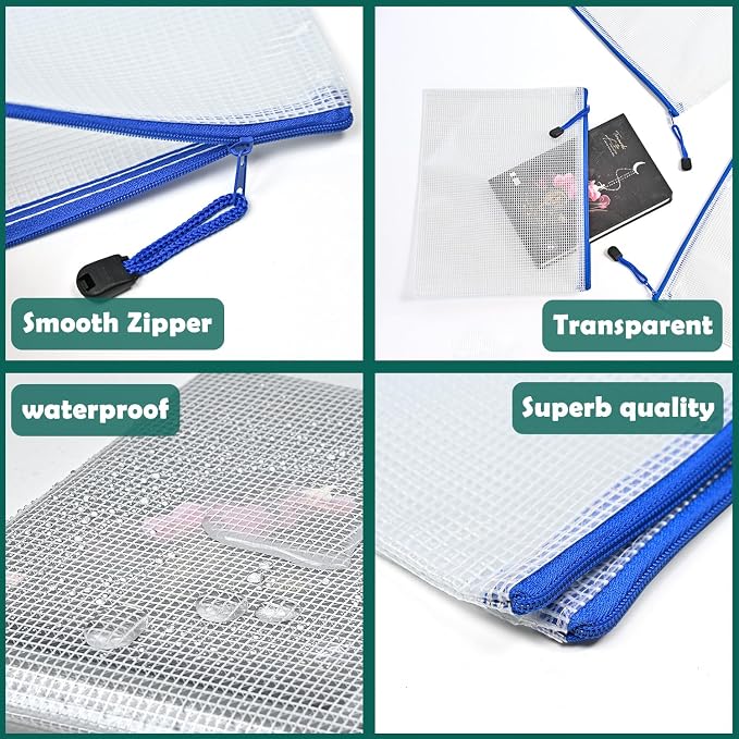 AUSTARK 10 Pcs Zipper File Bags, Waterproof Plastic Mesh Pouch - Image 3