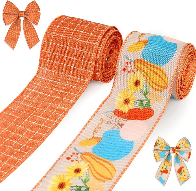2 Rolls Fall Pumpkins Leaves Ribbons by Estivaux