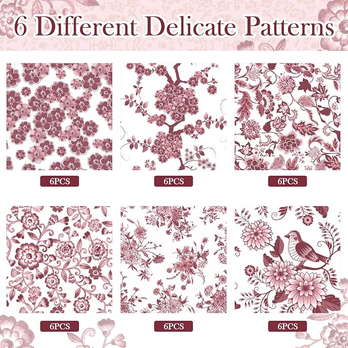 Epakh 36 Pack 6 Style Burgundy Decoupage Paper Napkins Assorted Floral - Image 4
