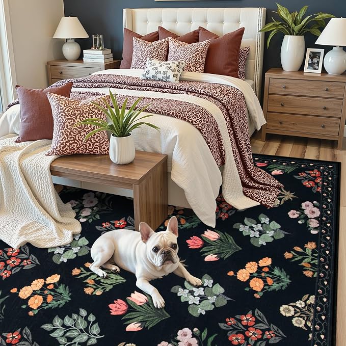 Wonnitar Floral Print 8x10 Washable Rug, Non Slip Black Dining Room Rug - Image 2