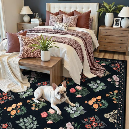 Wonnitar Floral Print 8x10 Washable Rug, Non Slip Black Dining Room Rug - Image 2