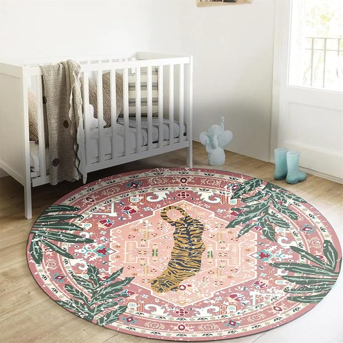 Washable Pink Rugs Thin Oriental Boho Vintage Cute Tropical Leopard 6ft Round - Image 2